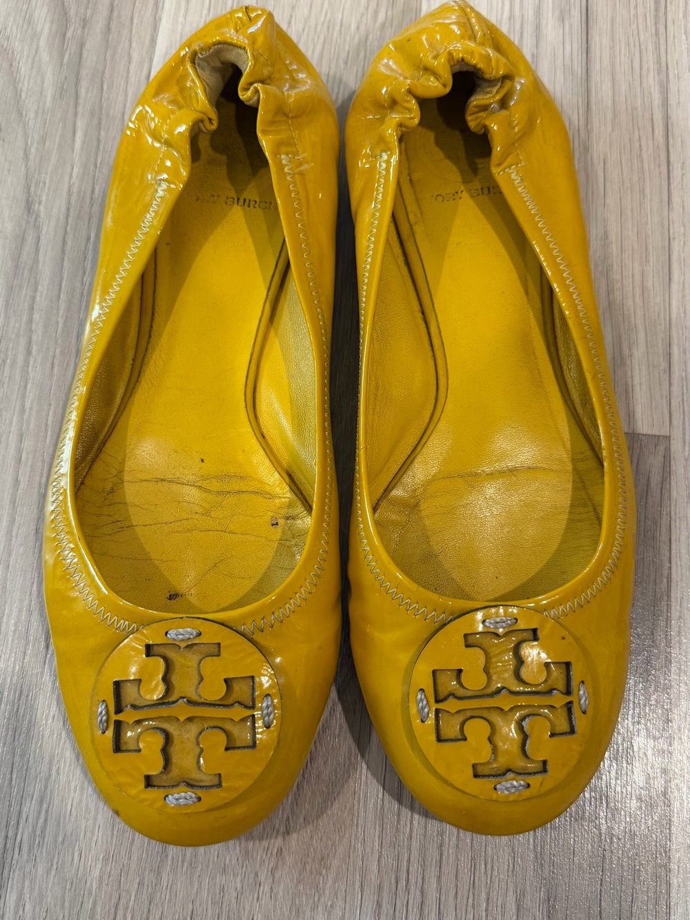 Tory Burch Mustard Yellow Patent Leather Logo Ballet Flats
